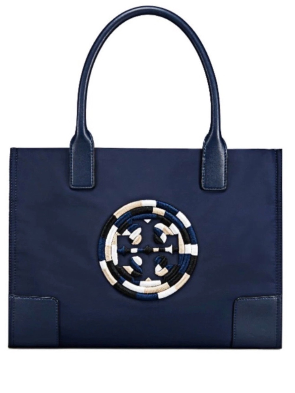 Tory Burch Ella Embroidered Logo Nylon & Leather Tote Bag. Navy